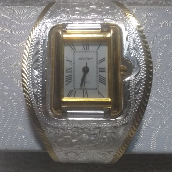 Montana Silversmiths Cuff Watch Silver Flower Filigree Silver Dial New Bat ECU